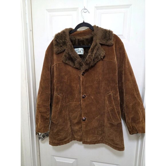 Vintage Pacific Trail Brown Corduroy Coat Faux Fur Collar & Lining Button-Up Men - Picture 2 of 8